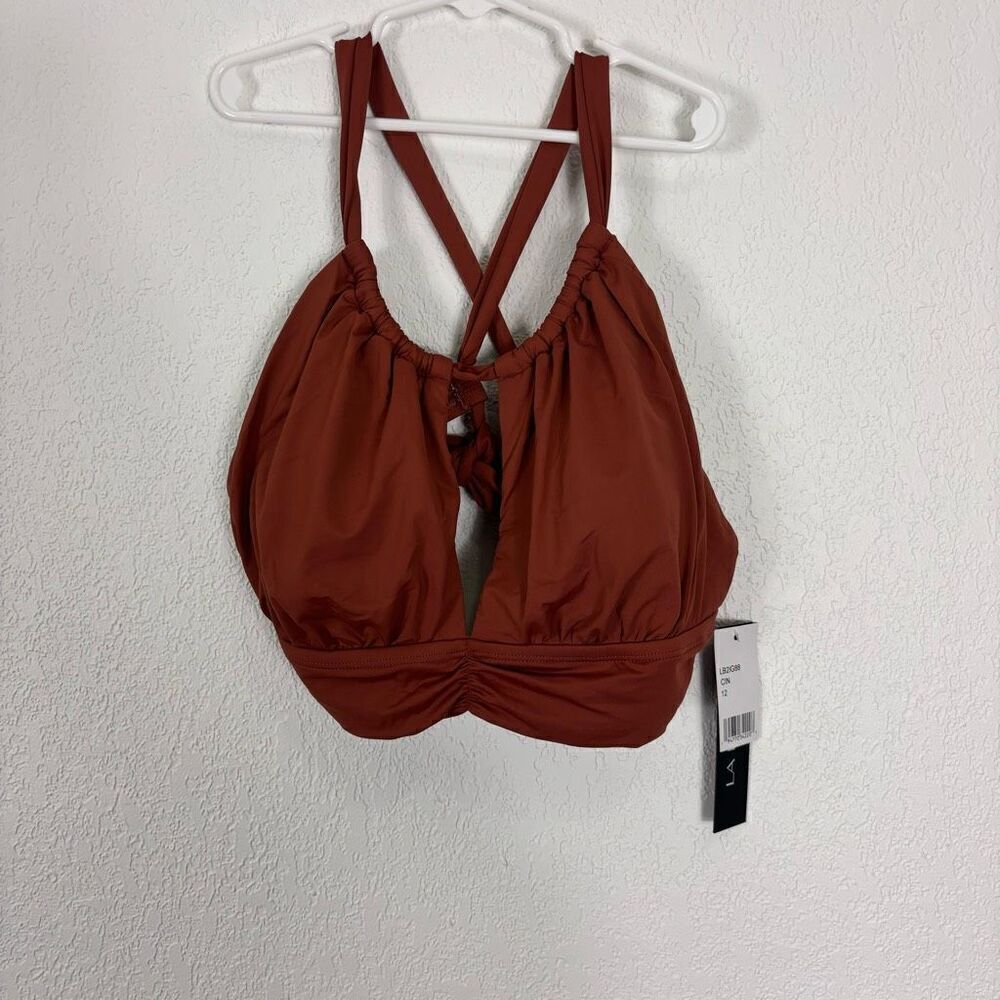 NWT La Blanca Cinnamon Colored Keyhole Front Opening Criss Cross Back Swim Top
